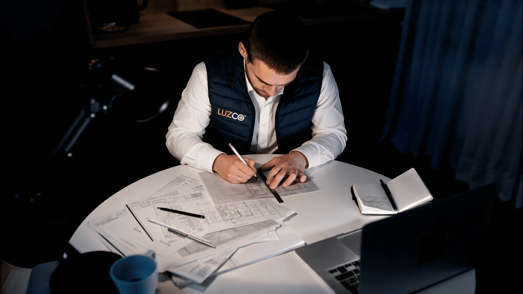 Técnico de Luzco revisando planos de iluminación