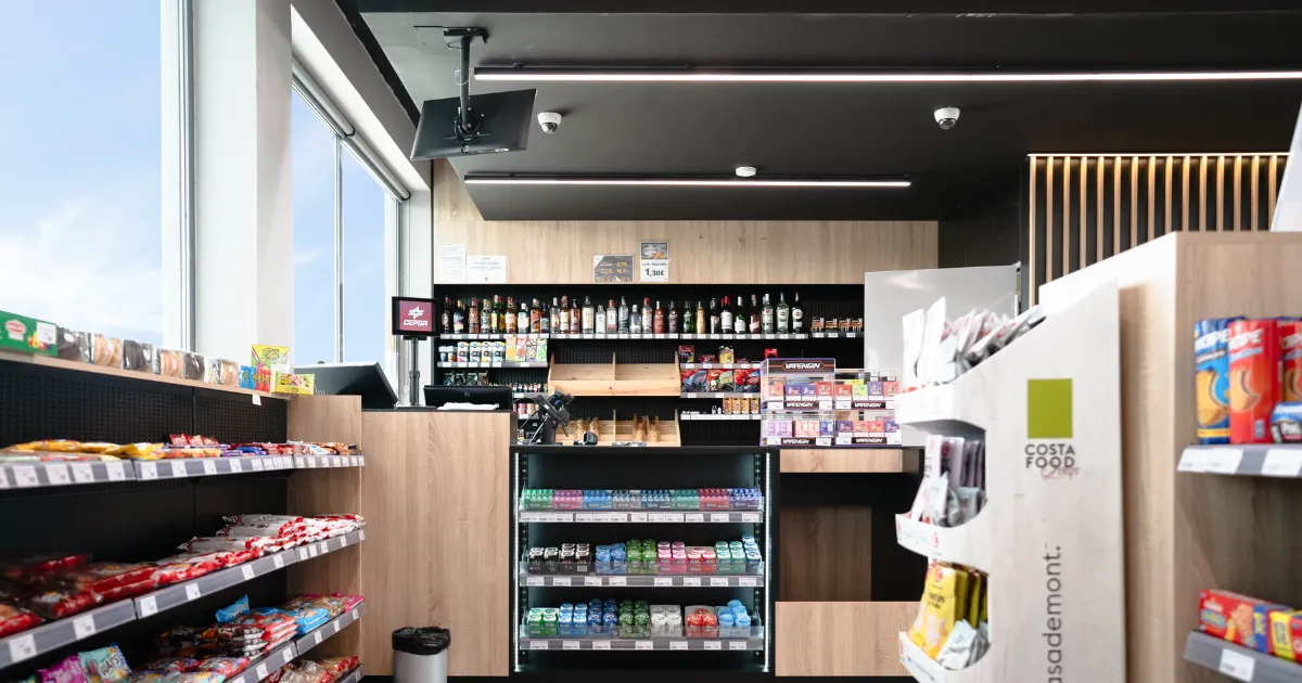 Mostrador y caja de tienda de alimentación con iluminación LED