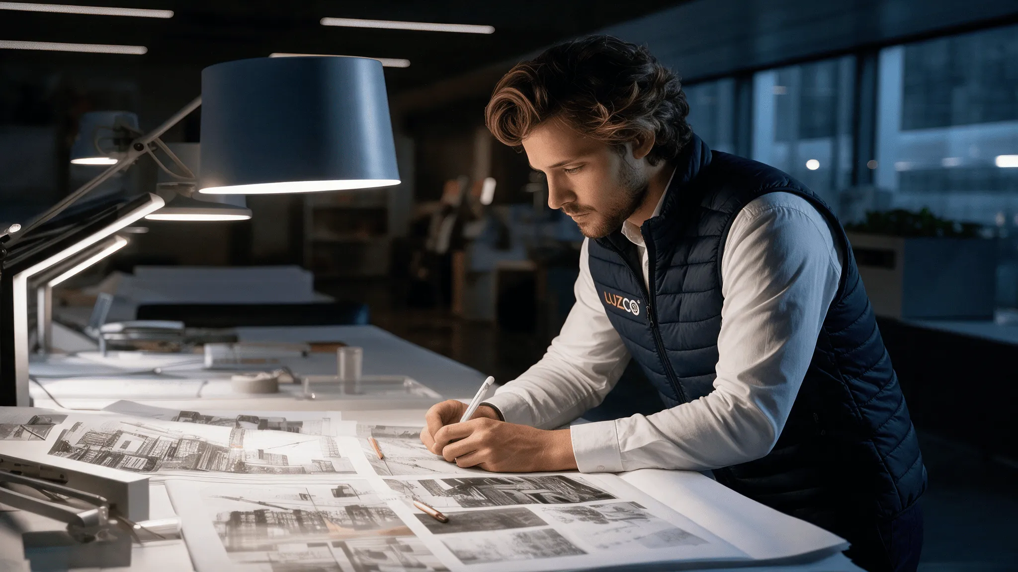 Diseñador de Luzco trabajando en los planos de un proyecto de iluminación comercial